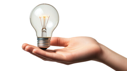 Hand holding light bulb on transparent on white background