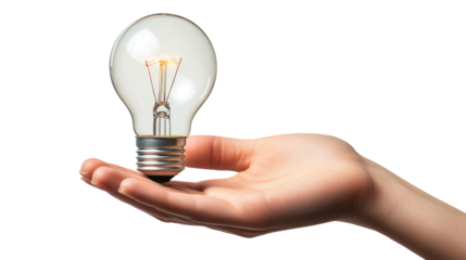 Hand holding light bulb on transparent on white background