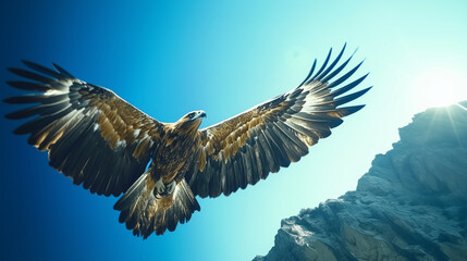 Obraz premium Golden eagle soaring against a bright blue sky