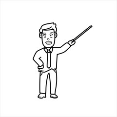 illustration of a leader showing a board with a stick, cartoon, black and white, good for displaying your visual elements, vector format