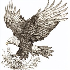 Fototapeta premium Detailed Illustration of a Majestic Eagle in Flight with Floral Elements in a Monochromatic Style