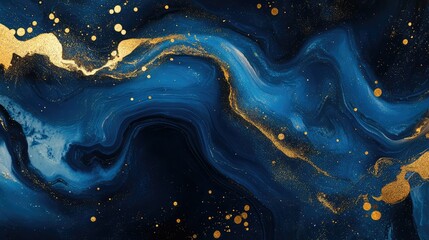 Abstract Fluid Art Background with Deep Blue and Golden Accents, Perfect for Modern Design, Invitations, or Elegant Decor