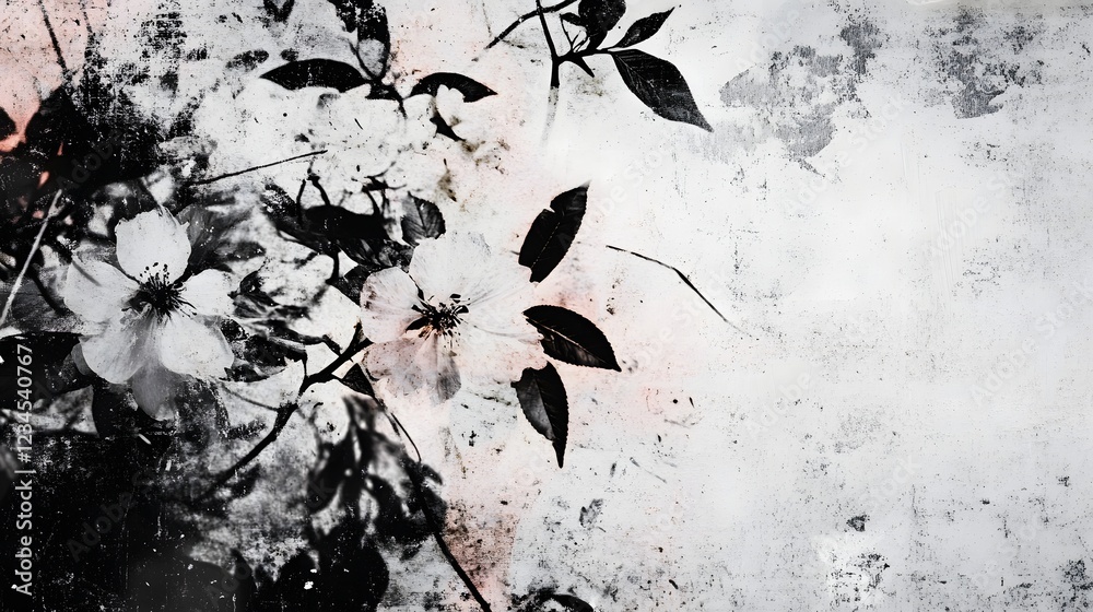 Poster delicate floral blossoms with soft petals in a serene and ethereal monochrome atmosphere creating a 