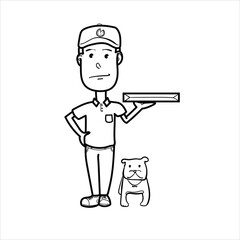 illustration of a pizza deliveryman with a dog beside him, cartoon, black and white, good for your visual elements, vector format