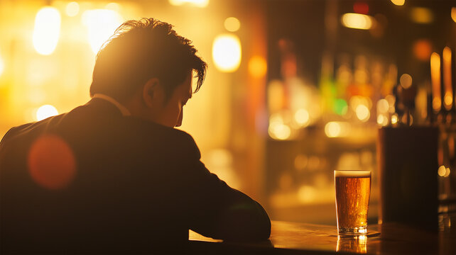 バーの隅で静かにビールを味わう日本人ビジネスマンの後ろ姿