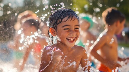 Obraz premium Joyful Children Engaging in Play at Water Park Learning Experience