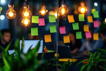 Illuminated Bulbs Over Colorful Sticky Notes in a Modern Office Workspace for Team Collaboration