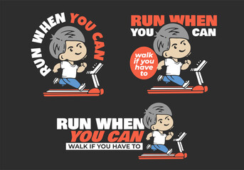 Chibi boy runner running of treadmill, flat illustration design in 3 version