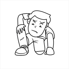illustration of a boy with an injured leg, cartoon, black and white, good for your visual elements, presentations, vector format