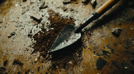 Trowel, dirt, debris, renovation, floor, construction, site, close-up, messy, work