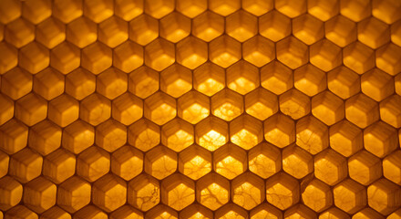 honeycomb pattern with golden hexagonal wax cells, slightly translucent under soft lighting