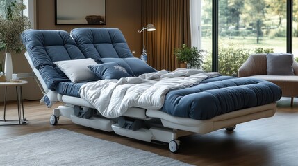 Modern adjustable hospital bed in a cozy living room with a view