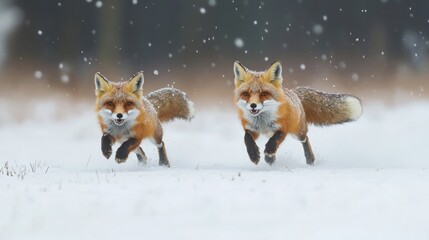 Obraz premium The playful chase of foxes in the snow turns survival into a dance of joy. 