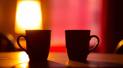Silhouetted Cups on Table with Warm Reddish Background Creating Cozy Ambiance

