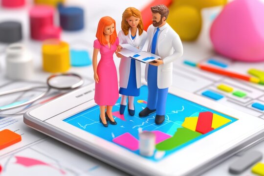 Medical Team Discussing Data on Tablet with Colorful Charts and Graphs