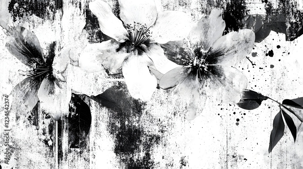 Aufkleber dramatic abstract floral composition in monochrome with fluid organic texture and splatter effect mo