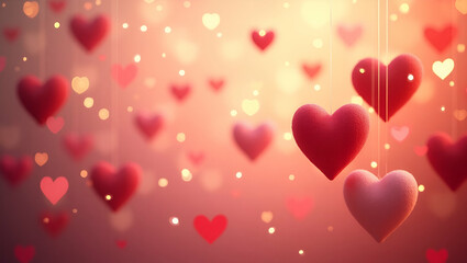 Colorful Artwork with Red and Pink Hearts and Bokeh Effect for Romantic Atmosphere

