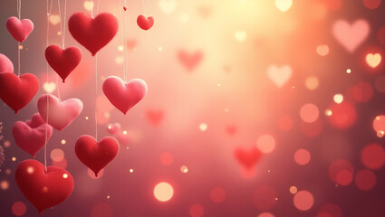 Red and Pink Hearts Floating on Blurred Background with Bokeh Effects

