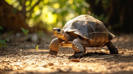 Obraz premium The slow steps of a tortoise remind us that steady determination wins the race. 