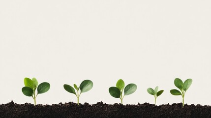 Naklejka premium Close-up of small plants sprouting from the sun against a light beige background. Small green plants sprouting into life on a beige background.