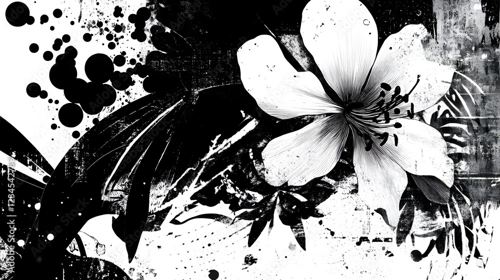 Poster dramatic abstract painting in black and white with a striking floral motif featuring bold ink blot t