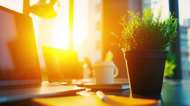 Warm Sunlight Streaming Through Window Illuminating Plants and Workspace with Laptop and Coffee