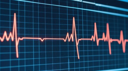 Naklejka premium Red Electrocardiogram Waveform on Dark Blue Gridded Screen