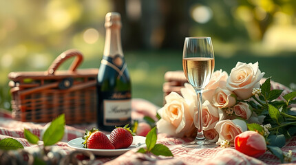 Romantic Picnic with Champagne, Fruits, and White Roses on Striped Blanket

