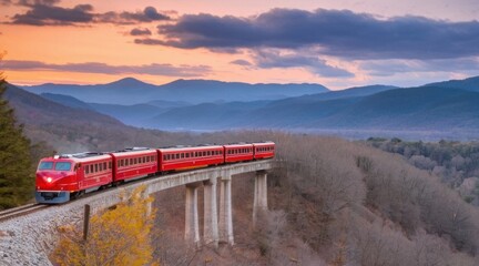 Red Train on Viaduct at Sunset, Mountain Landscape