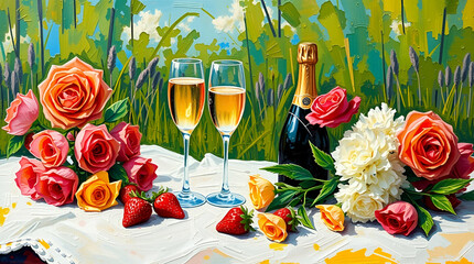 Romantic Still Life with Champagne, Roses, and Strawberries on a Grass Background

