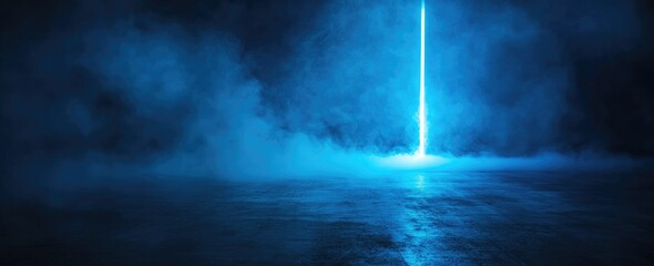 Abstract background with blue laser beams shining on the asphalt floor, smoke and fog in a dark studio. Empty scene for product presentation.