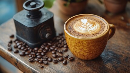 A golden cup of cappuccino topped with creamy foam sits on a rustic wooden table, surrounded by coffee beans and an antique grinder, exuding warmth and comfort.