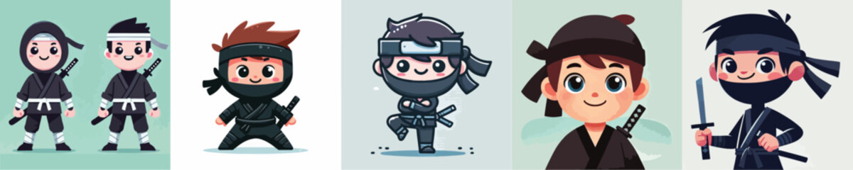 vector set of small children wearing ninja costumes