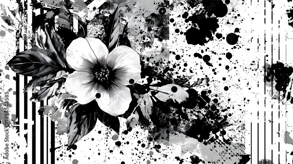 Poster dramatic and captivating monochrome floral abstract with ink splash and watercolor effects creating 