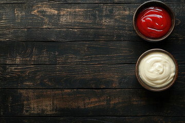 Ketchup and Mayonnaise in Rustic Bowls on a Wooden Table