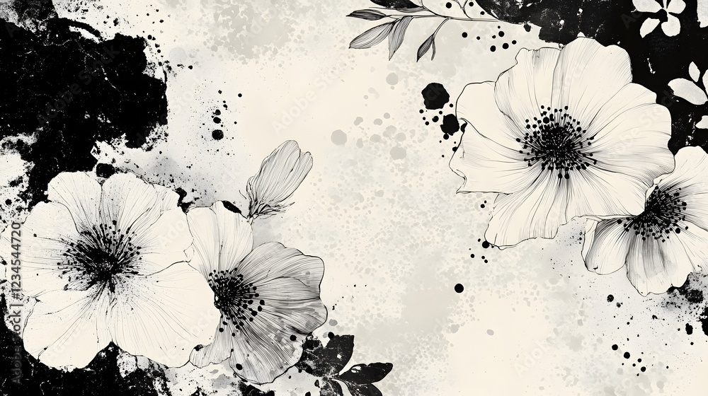 Leinwandbilder Dramatic and Captivating Monochrome Floral Artwork featuring Abstract Ink Splashes Botanical Patterns and a Design  This Moody and Elegant Image Creates a Striking Ethereal Atmosphere