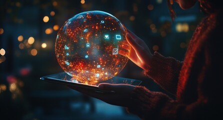 Woman holding tablet displaying glowing orb with digital icons.