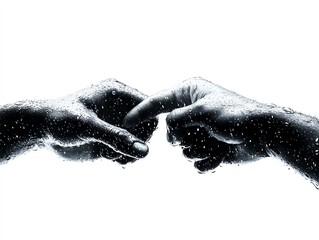Fototapeta premium a couple s hands touching on a rainy day, nostalgic romance, hyperrealistic 3D render, cool and warm contrast, isolated on white background