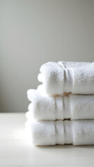 Soft white towels neatly stacked on a light wooden surface, creating a serene and inviting atmosphere in a minimalistic setting