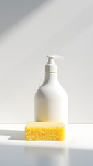 A white bottle of liquid soap stands elegantly next to a yellow sponge, both highlighted by soft natural light creating a serene cleaning scene