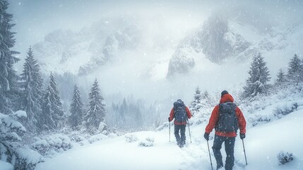Hikers walking in snow-covered mountains during a winter storm -