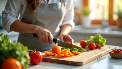 A woman prepares fresh vegetables and fruits on a wooden cutting board in a bright kitchen, showcasing a healthy lifestyle and cooking skills