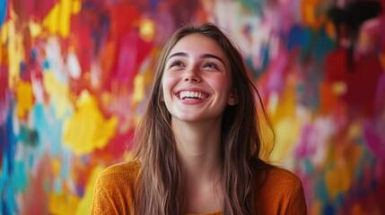 Woman Smiling at Colorful Wall
