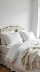 A cozy bedroom featuring a neatly made bed with white linens, decorative pillows, and a soft throw blanket for a serene and inviting atmosphere