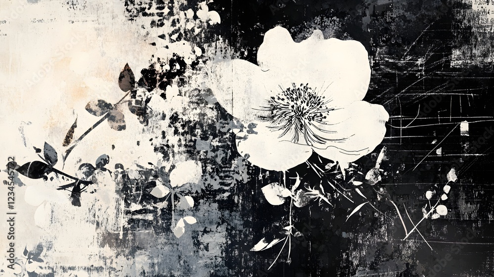 Poster Dramatic and monochrome floral photography with an ethereal romantic and moody atmosphere  A close up view of a delicate flower bloom with a textured distressed and layered effect