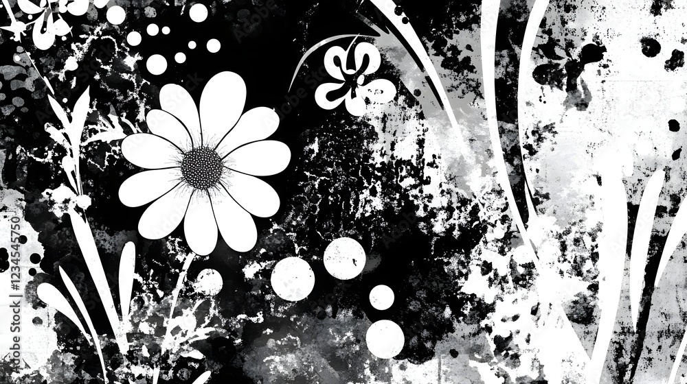 Aufkleber Dramatic and Monochrome Floral Silhouettes Set Against a Splattered Textured Backdrop with a Moody Atmospheric Aesthetic  Unique Visually Striking Botanical Imagery with a Surreal Dreamlike