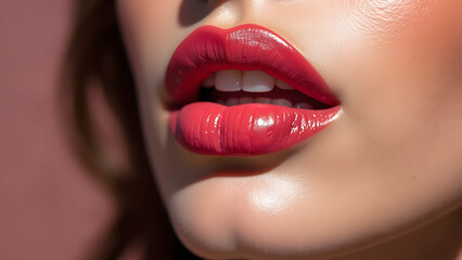 Fototapeta premium Close-up of full, glossy lips featuring vibrant red lipstick with a soft sheen, showcasing smooth skin and a hint of glamour