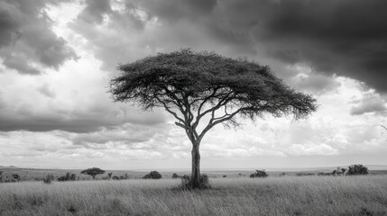 Obraz premium Lone acacia tree, savanna, storm clouds, African landscape, nature photography