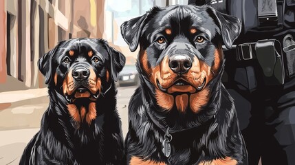 Obraz premium Hand Drawn Close-Up of Rottweiler Sitting in Urban Background
