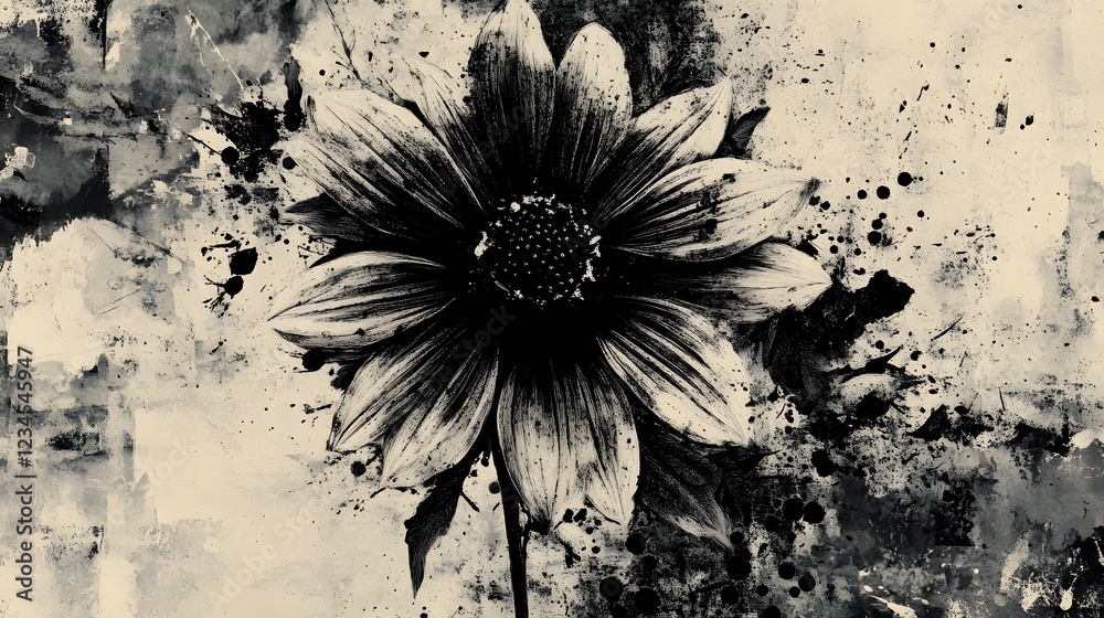 Aufkleber Dramatic and moody close up of a monochrome daisy flower with a texture and bold splashes of liquid or paint  The black and white color scheme and abstract textured background create a stunning